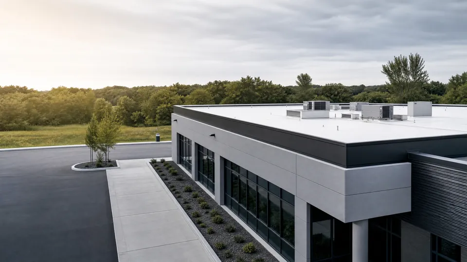 Illustrative low-rise commercial roof from an elevated view