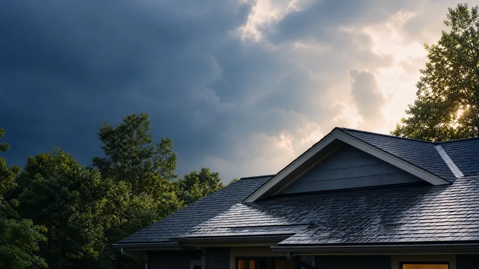 Illustrative residential roof after a clearing rain