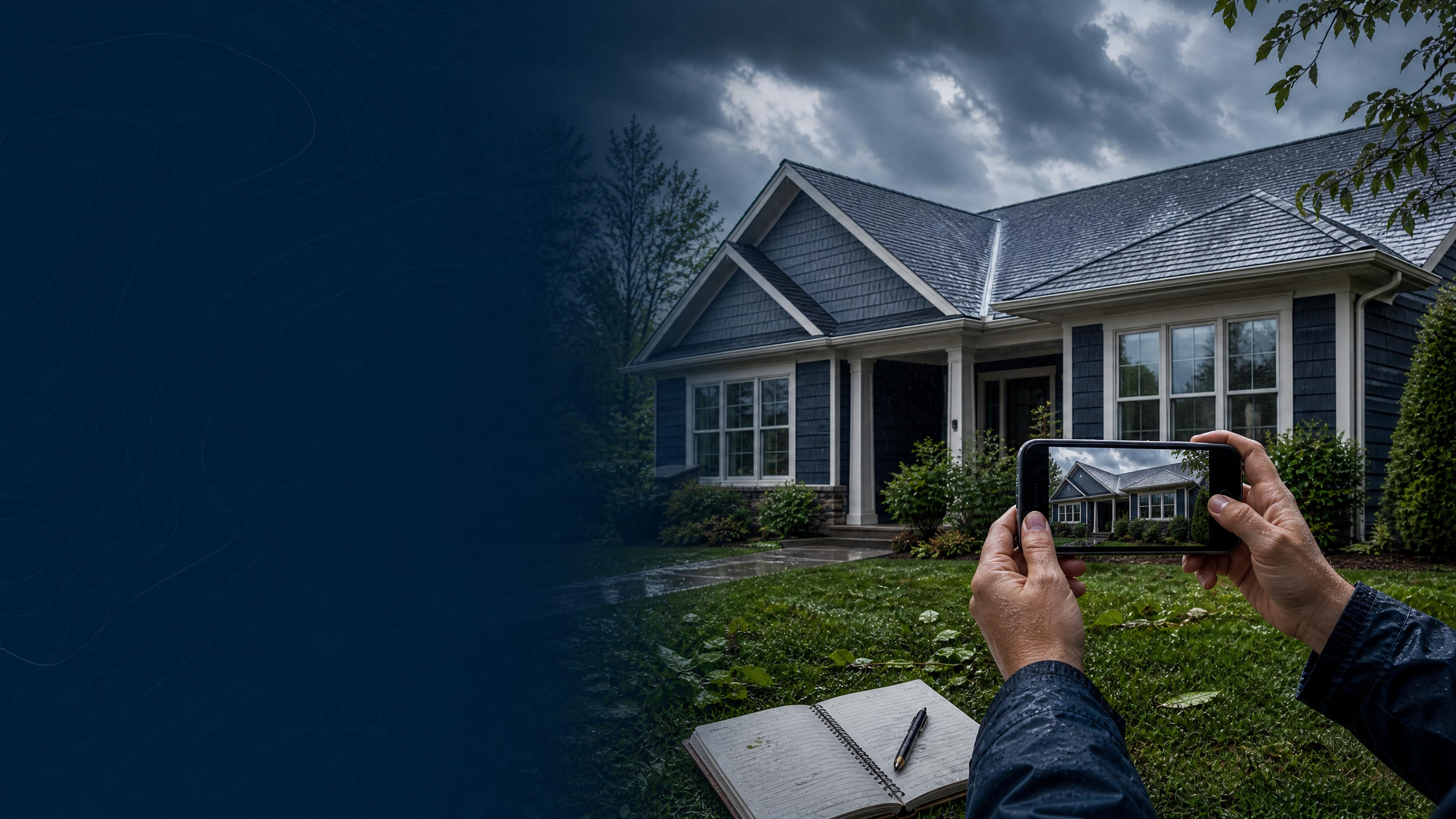 Illustrative guide showing a homeowner safely photographing a roof from the ground after a storm.