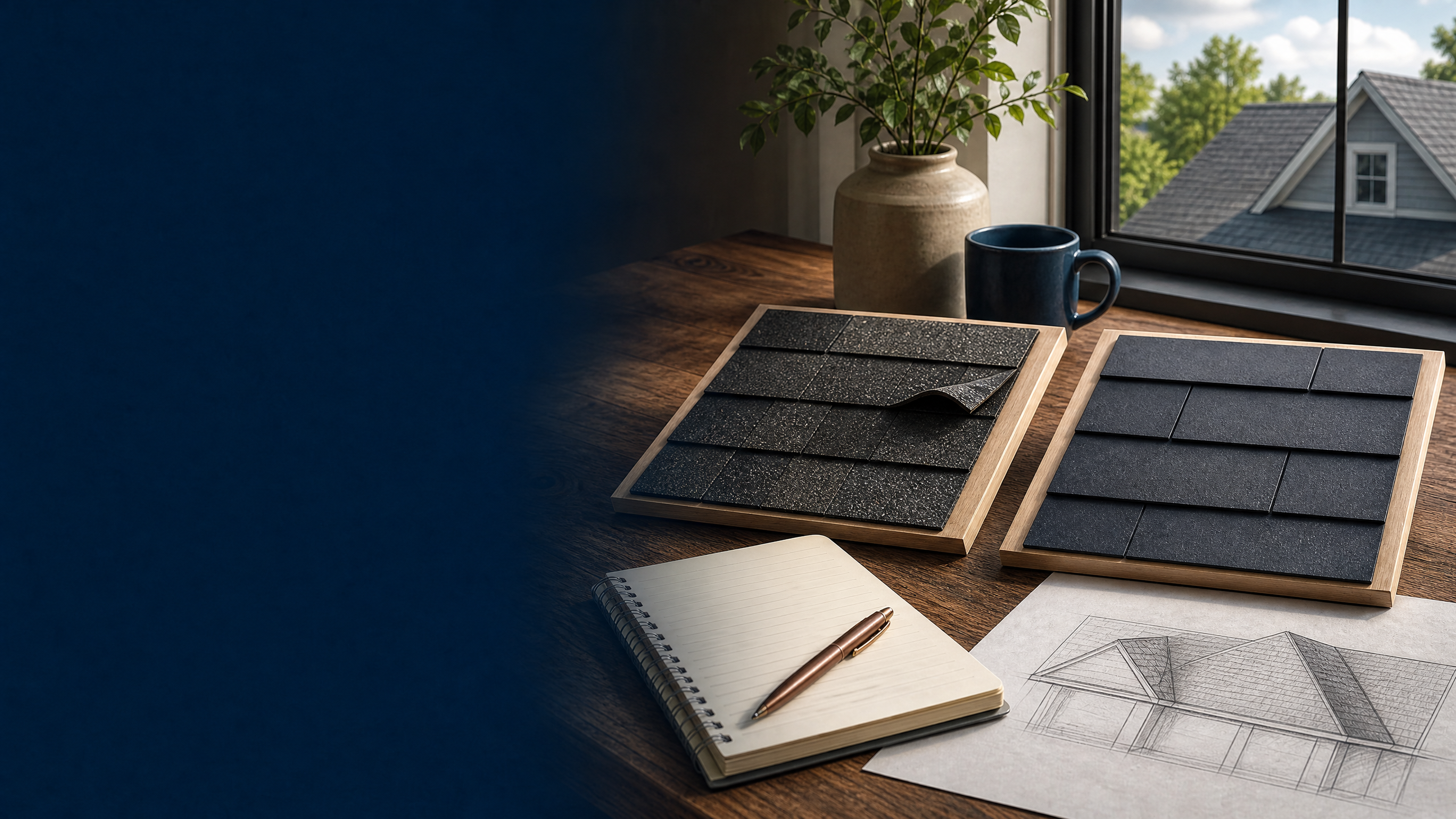 Illustrative planning guide with roof material samples and a sketch for repair or replacement questions.